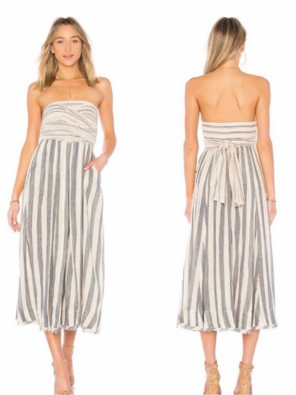 Free People Strapless Stripe Me Up Midi Dress in Cream and Gray Med Boho Hippie